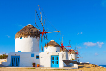 Close on the first of the windmills in a row in Mykonos island cyclades Greece - 440251787