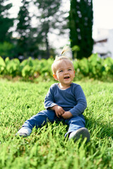 Laughing kid with a ponytail sits on a green lawn