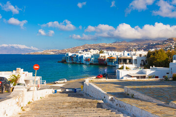 Little Venice shoot from Windmills with blue sky and clouds in Mykonos island cyclades Greece - 440252122