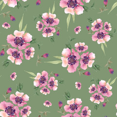 seamless pattern with watercolor pink bouquets of flowers in vintage style, hand painted.