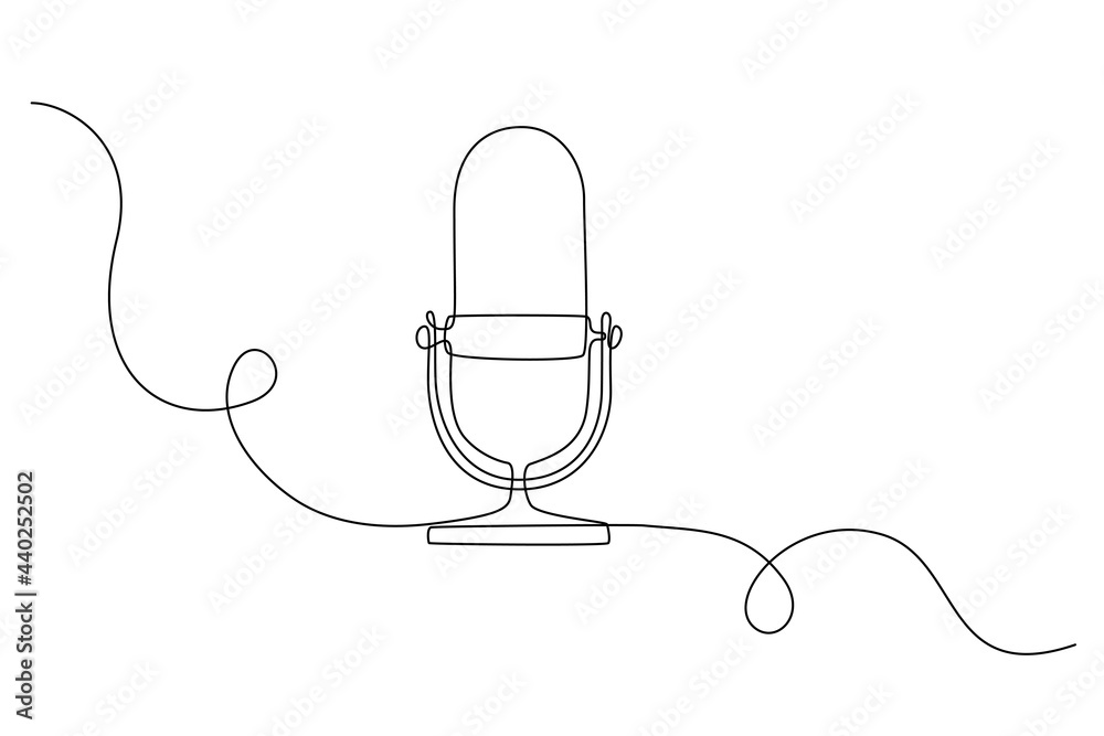 Aufkleber Continuous one line drawing podcast microphone. Vintage old mike in simple thin linear style for web banner. Editable stroke. Horizontal Vector illustration