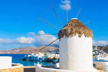 Rear shoot of windmill with little Venice  background in Mykonos island in cyclades Greece - 440252568