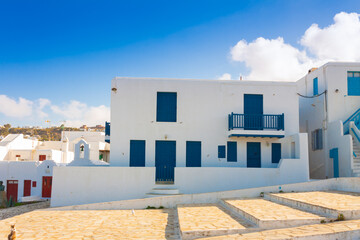 White washed houses  with colored wooden frames Mykonos Island Greece cyclades