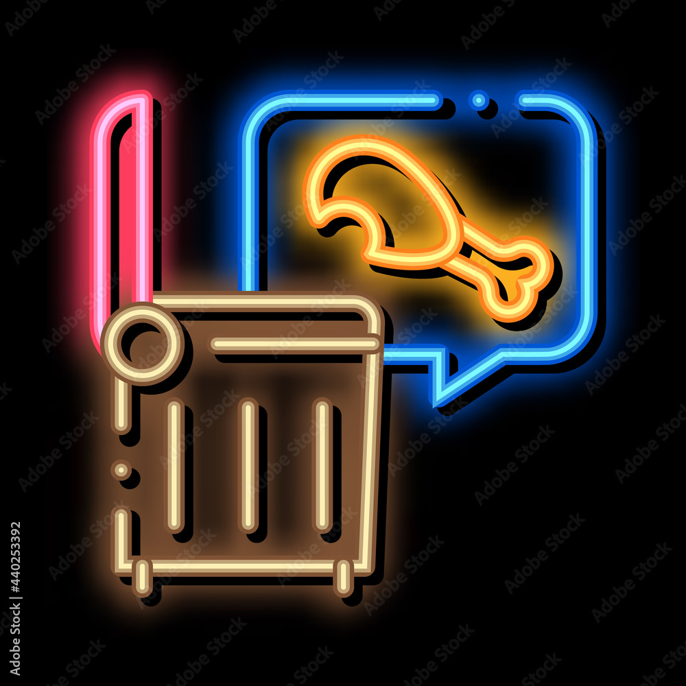 Poster chicken food in trash container neon light sign vector. glowing bright icon chicken food in trash co