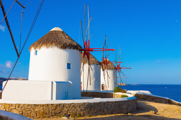 Windmills in detail with vivid colors in Mykonos island cyclades Greece - 440253375