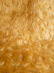 Gold animal wool texture background. Close-up texture of plush fluffy fur rug for product backdrop, 30 angle view