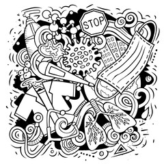 Coronavirus hand drawn cartoon doodles illustration.