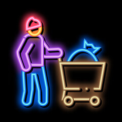 homeless with bag in shop cart neon light sign vector. Glowing bright icon homeless with bag in shop cart sign. transparent symbol illustration