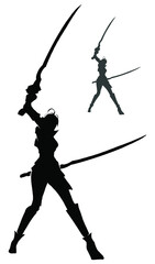A black silhouette of a warrior girl with two paired sabers, she makes a cut with swords in the air, she has a slender body and short hair, she is wearing plate armor. 2d illustration