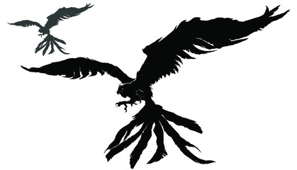 The black silhouette of a huge phoenix bird with large wings, it flies forward, preparing to grab its sharp claws at its opponent, it has a beautiful feathered tail. 2d illustration