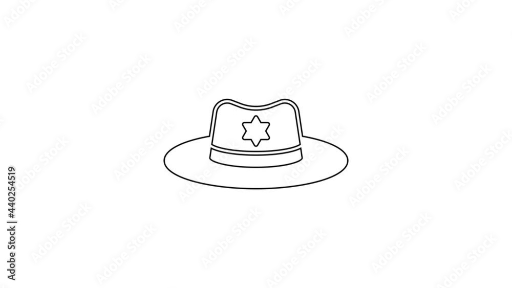 Sticker Black line Sheriff hat with badge icon isolated on white background. 4K Video motion graphic animation