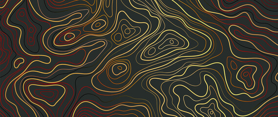 Luxury gold abstract line art background vector.  Mountain topographic map background with golden lines  texture, 17:9 wallpaper design for wall arts, fabric , packaging , web, banner, app, wallpaper. © TWINS DESIGN STUDIO