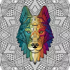 Foto op Plexiglas Mandala Gedessineerde hoofd wolf, husky, hond. Abstracte etnische afbeelding van het hoofd van een wolf met ornament. Kleurrijk ornament met de hand beschilderd. Dier in etnische stijl om af te drukken. Indiase, Mexicaanse motieven.