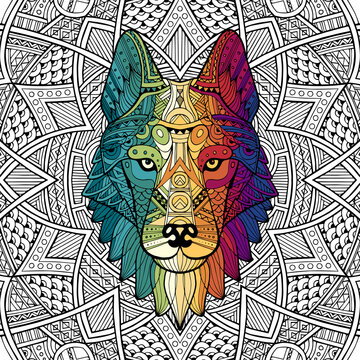 Patterned head wolf, husky, dog. Abstract ethnic image of the head of a wolf with ornament. Colorful ornament painted by hand. Animal in ethnic style for printing. Indian, Mexican motifs. Vector 
