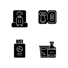 Tourist baggage for travel black glyph icons set on white space. Luggage check. Passport with ticket. Mini size objects for tourist comfort. Silhouette symbols. Vector isolated illustration