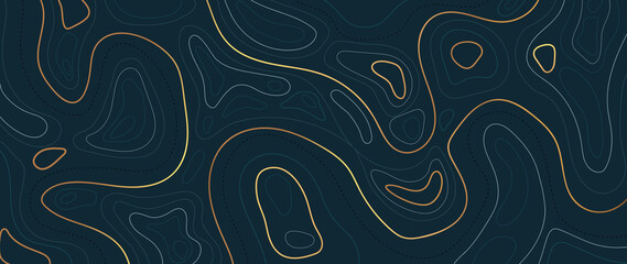 Luxury gold abstract line art background vector.  Mountain topographic map background with golden lines  texture, 17:9 wallpaper design for wall arts, fabric , packaging , web, banner, app, wallpaper.