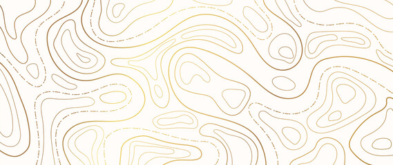 Luxury gold abstract line art background vector.  Mountain topographic map background with golden lines  texture, 17:9 wallpaper design for wall arts, fabric , packaging , web, banner, app, wallpaper.