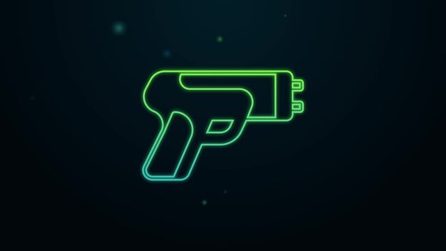 Glowing neon line Police electric shocker icon isolated on black background. Shocker for protection. Taser is an electric weapon. 4K Video motion graphic animation