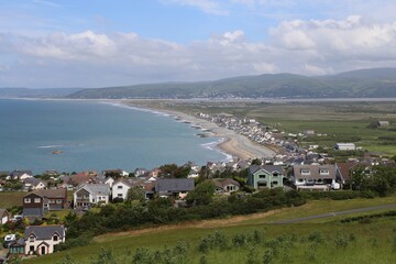 Fototapeta na wymiar An aerial view over the village of Borth in Ceredigion, Wales, UK.