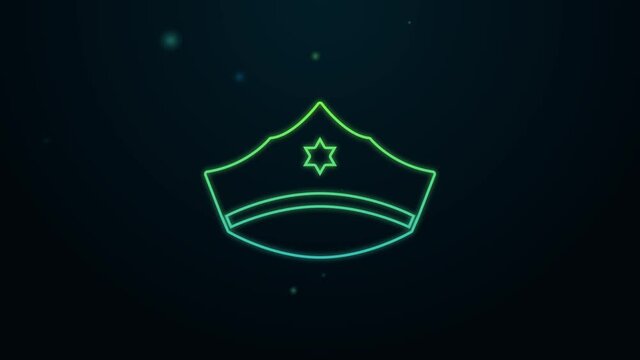 Glowing neon line Police cap with cockade icon isolated on black background. Police hat sign. 4K Video motion graphic animation