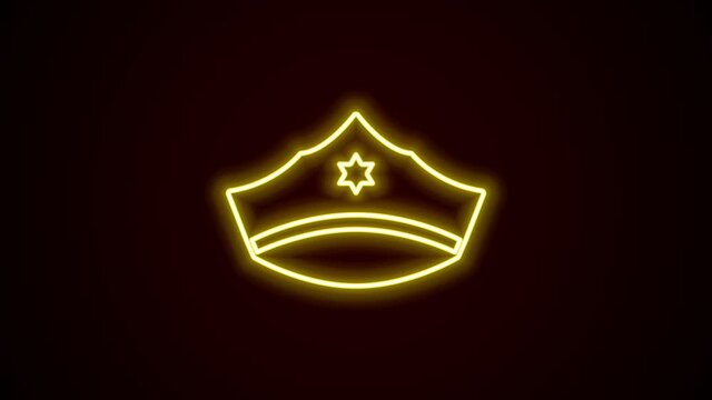 Glowing neon line Police cap with cockade icon isolated on black background. Police hat sign. 4K Video motion graphic animation