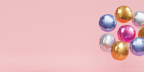Shiny colorful balloons, pink banner background with copy space for party, birthday, celebration or holiday, 3d realistic render