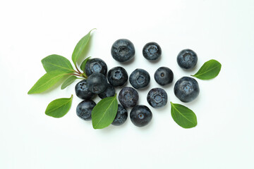 Fresh blueberry with leaves on white background