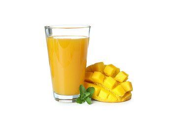 Mango juice and fruit isolated on white background