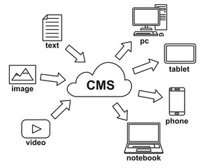 Obraz premium Line art black and white CMS cloud database infographic