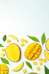 Ripe mango fruits on white background, top view