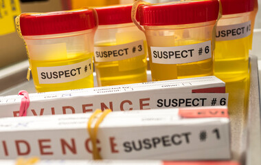 Various containers with human urine, crime lab, murder suspects labelled on each, conceptual image