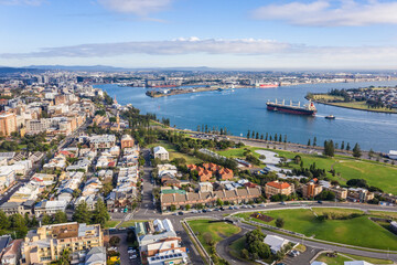 Newcastle Harbour- NSW Australia - Aerial View with ship entering port