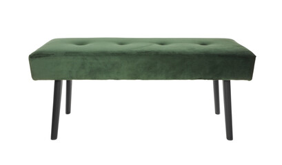 Stylish dark green velvet indoor bench isolated on white
