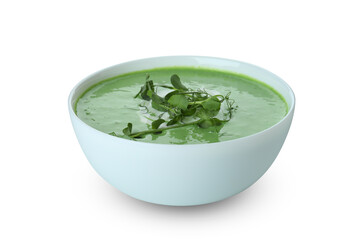 Plate of pea soup isolated on white background