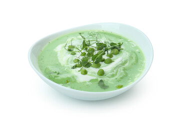 Plate of pea soup isolated on white background