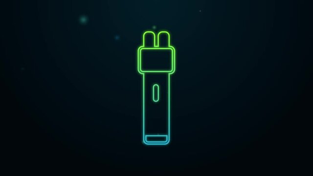 Glowing neon line Police electric shocker icon isolated on black background. Shocker for protection. Taser is an electric weapon. 4K Video motion graphic animation