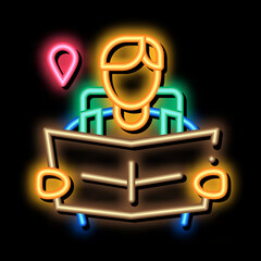 tourist reading map neon light sign vector. Glowing bright icon tourist reading map sign. transparent symbol illustration