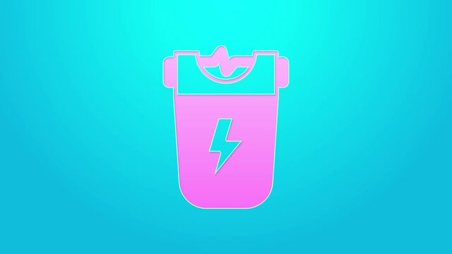 Pink line Police electric shocker icon isolated on blue background. Shocker for protection. Taser is an electric weapon. 4K Video motion graphic animation