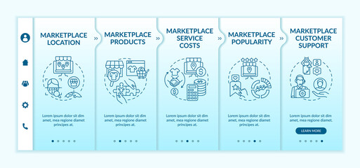 Market place choice parameters onboarding vector template. Responsive mobile website with icons. Web page walkthrough 5 step screens. Customer support, location color concept with linear illustrations