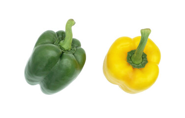 Fresh green and yellow sweet pepper or bell pepper, Spice seasoning, Ingredients for spicy food, Isolated on white background, Cut out with clipping path, Top view