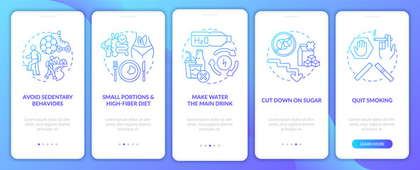 Naklejka premium Diabetes prevention tips onboarding mobile app page screen. Quit smoking walkthrough 5 steps graphic instructions with concepts. UI, UX, GUI vector template with linear color illustrations