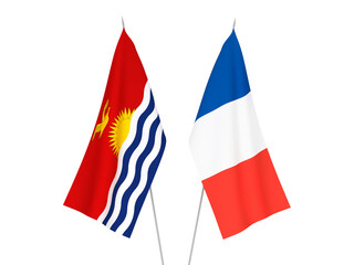 National fabric flags of France and Republic of Kiribati isolated on white background. 3d rendering illustration.