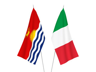 National fabric flags of Italy and Republic of Kiribati isolated on white background. 3d rendering illustration.