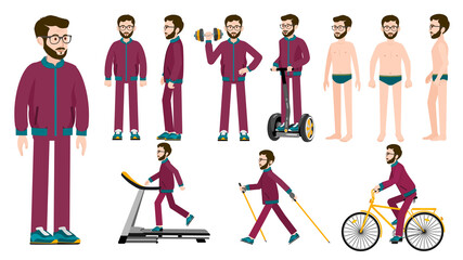 Fototapeta na wymiar Sportsman. A character for animation. Vector image of a man in sportswear in various sports. Sports and recreation. All the details are on separate layers. Editable strokes. 