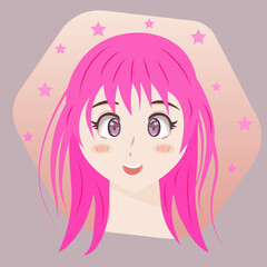 Joy, love, positive emotions. Anime girl with pink hair smiling. Girl on a background with stars. 