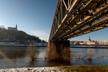 An untraditional view of the city of Ústí nad Labem together with the Větruše lookout tower.