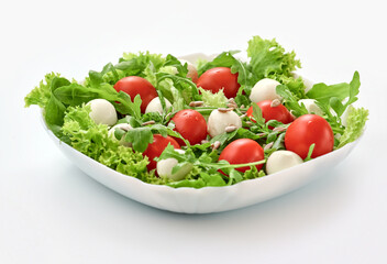 Healthy salad with mozzarella cheese arugula, lettuce leaves, spinach, tomatoes and sunflower seeds