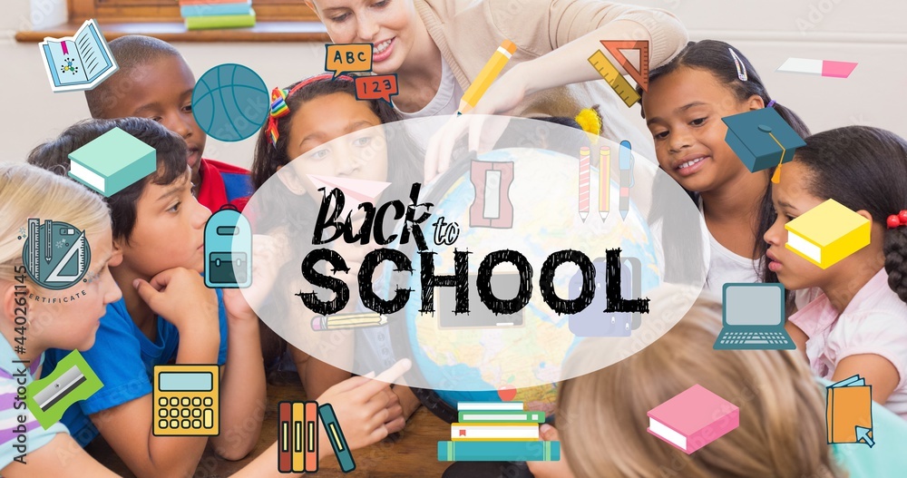 Poster Composition of text back to school with school equipment icons over smiling children classroom