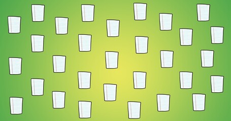 Composition of repeated ruled notebook page over green background