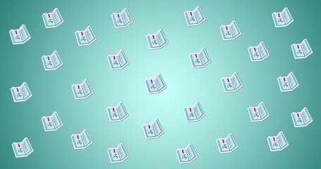 Composition of repeated open textbooks floating on sea green background